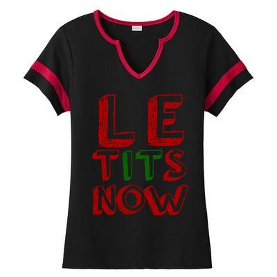 Le Tits Now Funny Christmas Jumper With Let Is Snow Slogan Gift Ladies Halftime Notch Neck Tee