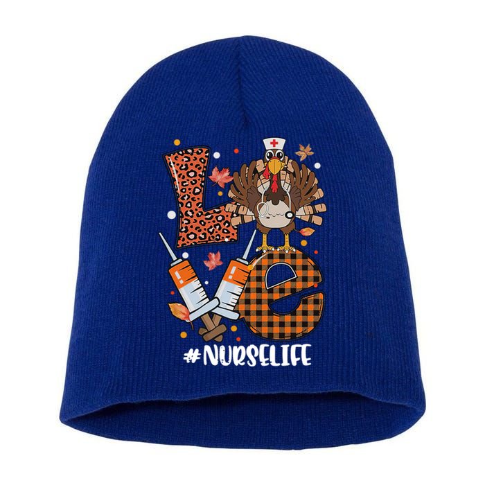 Love Turkey Nurse Life Leopard Thanksgiving Fall Gift Short Acrylic Beanie