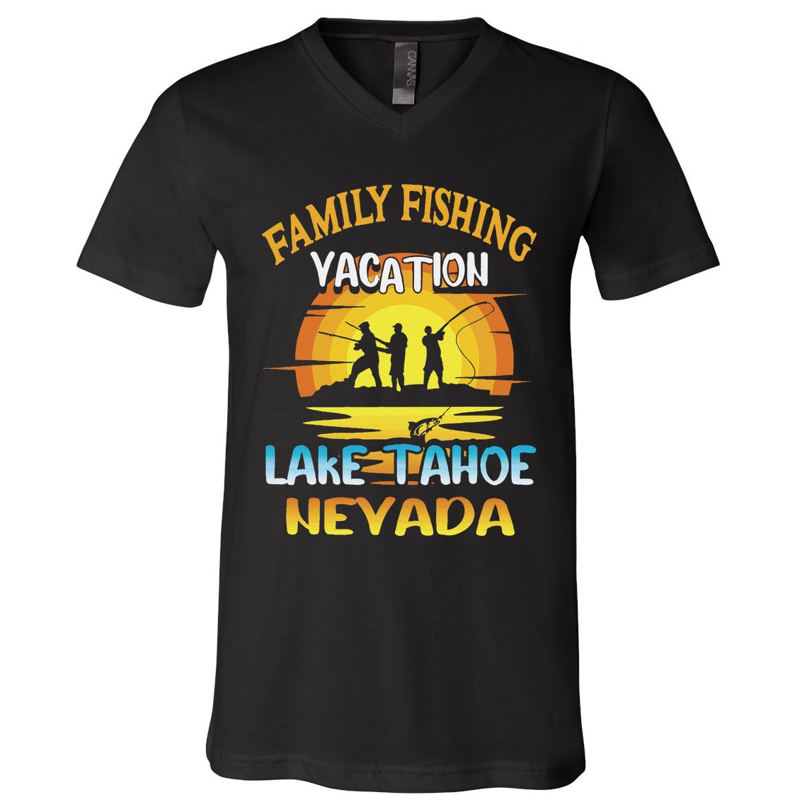 Lake Tahoe Nevada Family Fishing Vacation Sunset Design V-Neck T-Shirt