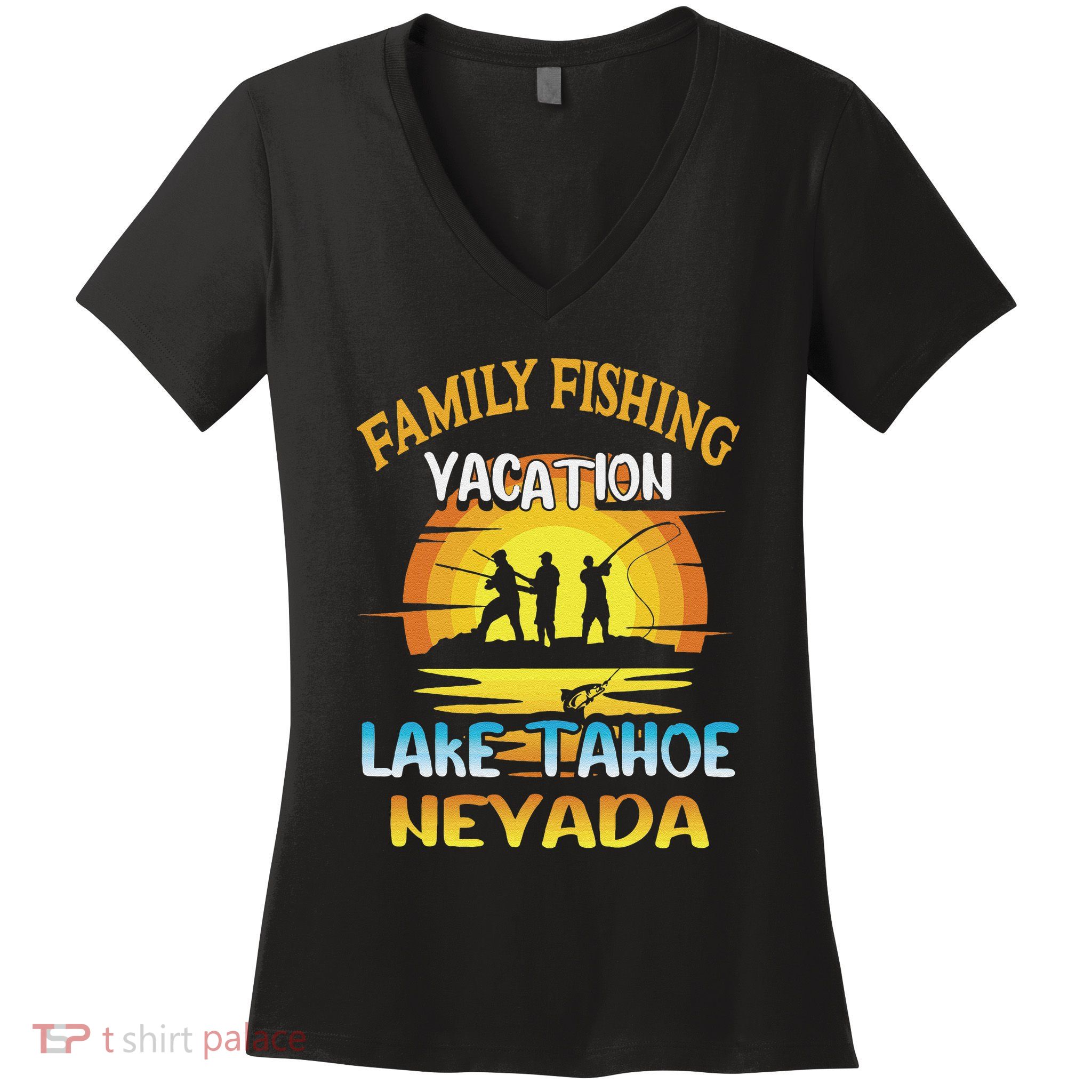 Lake Tahoe Nevada Family Fishing Vacation Sunset Design Women's V-Neck T-Shirt