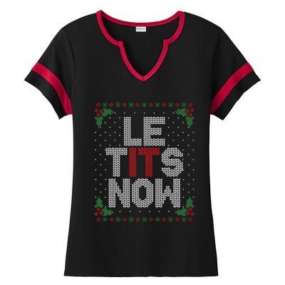 Le Tits Now Funny Christmas Let It Snow Adult Ugly Christmas Ladies Halftime Notch Neck Tee