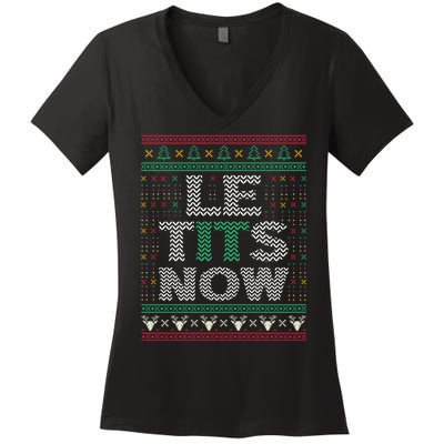 Le Tits Now Christmas Let It Snow Ugly Sweater Funny Women's V-Neck T-Shirt