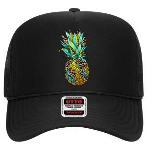 Leopard Tropical Pineapple High Crown Mesh Back Trucker Hat