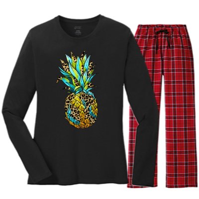 Leopard Tropical Pineapple Women's Long Sleeve Flannel Pajama Set 