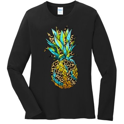 Leopard Tropical Pineapple Ladies Long Sleeve Shirt