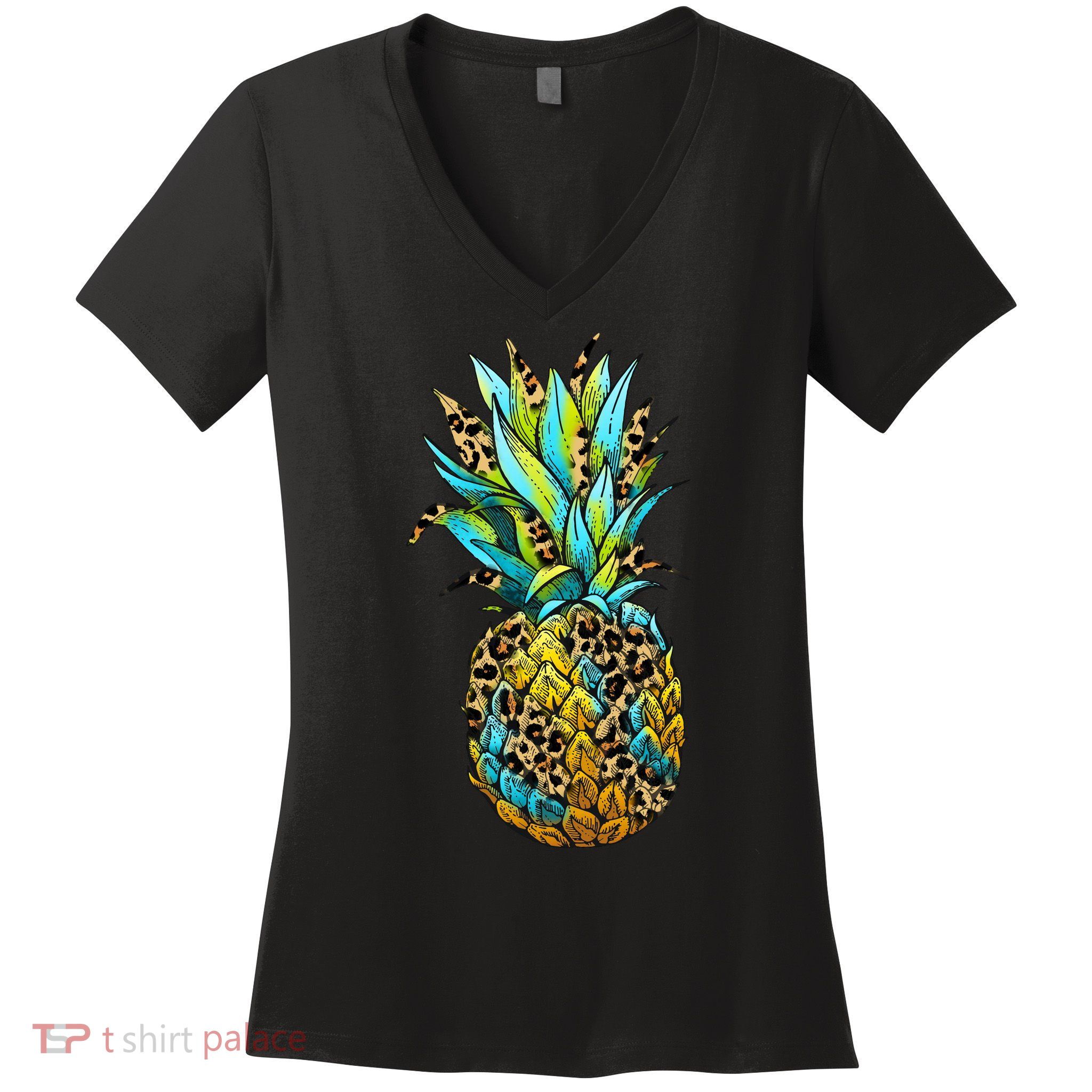 Leopard Tropical Pineapple Women's V-Neck T-Shirt