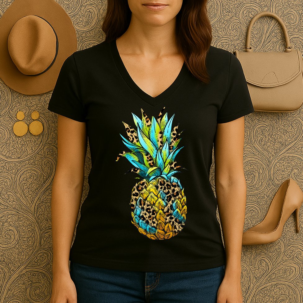 Leopard Tropical Pineapple Women's V-Neck T-Shirt