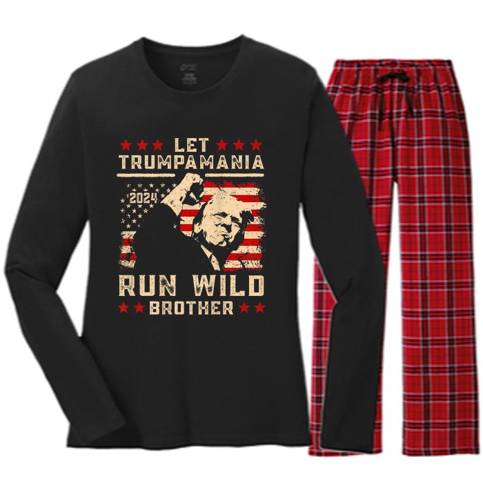 Let Trumpamania Run Wild Trump 45 47 Political Trumpamania Women's Long Sleeve Flannel Pajama Set 