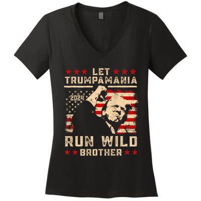 Let Trumpamania Run Wild Trump 45 47 Political Trumpamania Women's V-Neck T-Shirt