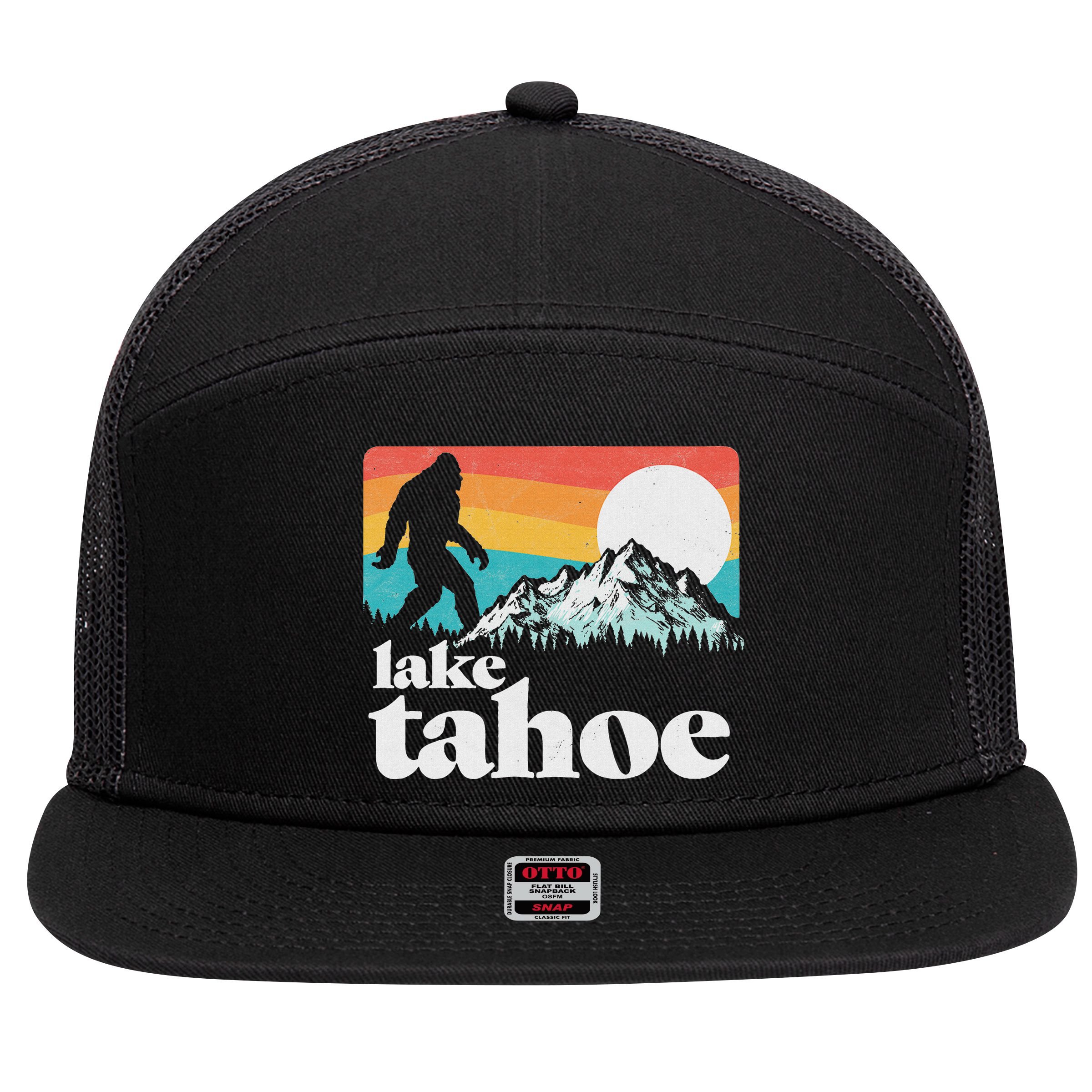 Lake Tahoe Retro Bigfoot Mountains 7 Panel Mesh Trucker Snapback Hat