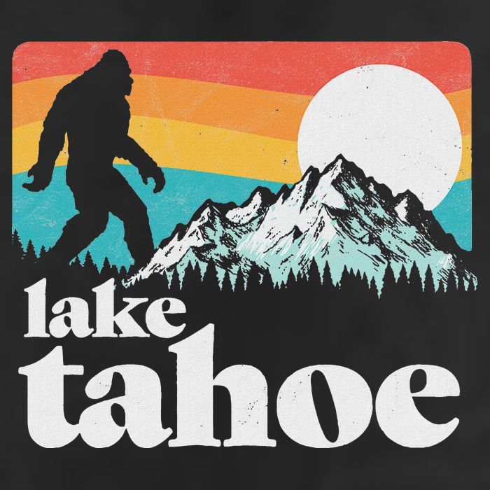 Lake Tahoe Retro Bigfoot Mountains 7 Panel Mesh Trucker Snapback Hat