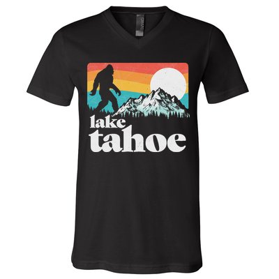 Lake Tahoe Retro Bigfoot Mountains V-Neck T-Shirt