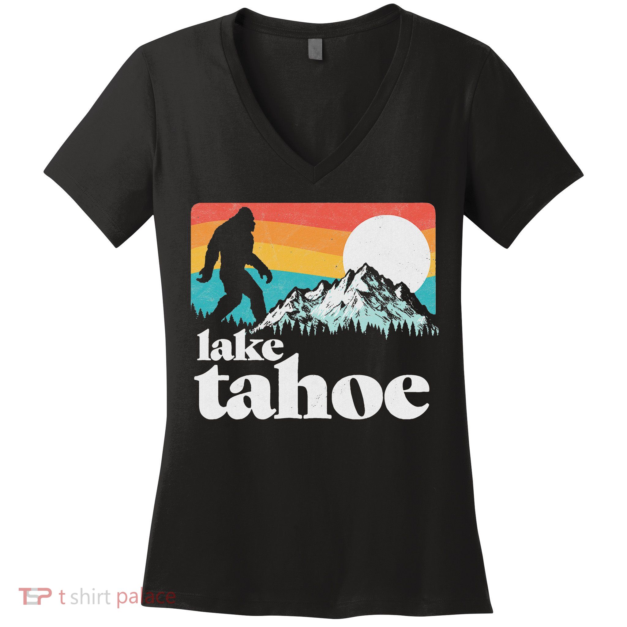 Lake Tahoe Retro Bigfoot Mountains Women's V-Neck T-Shirt