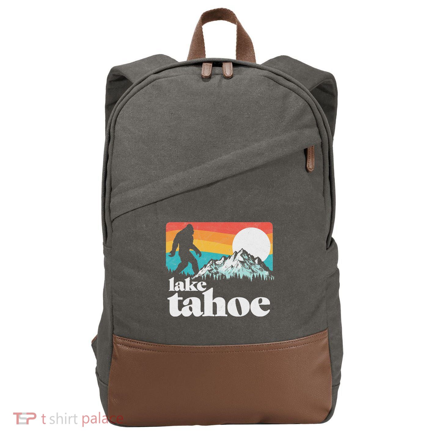 Lake Tahoe Retro Bigfoot Mountains Cotton Canvas Backpack