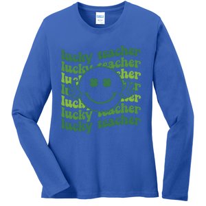 Lucky Teacher Retro Groovy Saint Patrick's Day Funny Irish Meaningful Gift Ladies Long Sleeve Shirt