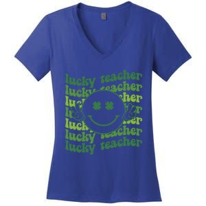 Lucky Teacher Retro Groovy Saint Patrick's Day Funny Irish Meaningful Gift Women's V-Neck T-Shirt