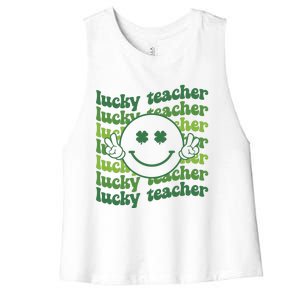 Lucky Teacher Retro Groovy Saint Patrick's Day Funny Irish Meaningful Gift Women's Racerback Cropped Tank