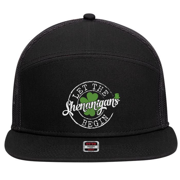 Let The Shenanigans Begin Funny Clovers St Patricks Day 7 Panel Mesh Trucker Snapback Hat