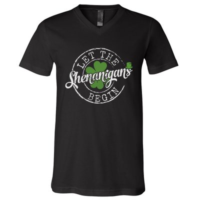 Let The Shenanigans Begin Funny Clovers St Patricks Day V-Neck T-Shirt