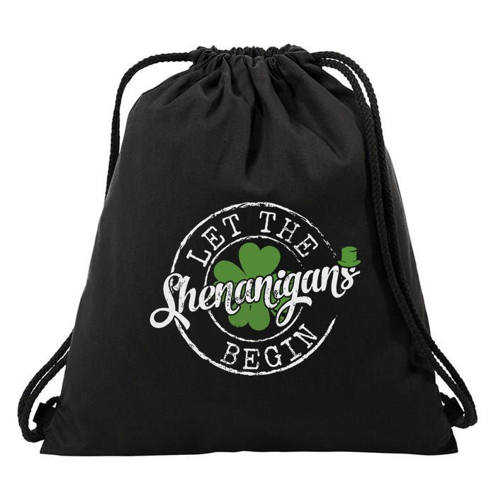 Let The Shenanigans Begin Funny Clovers St Patricks Day Drawstring Bag