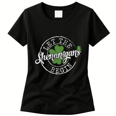 Let The Shenanigans Begin Funny Clovers St Patricks Day Womens T-Shirt