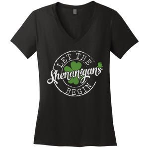 Let The Shenanigans Begin Funny Clovers St Patricks Day Women's V-Neck T-Shirt