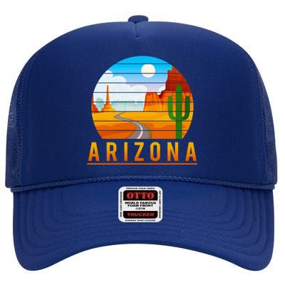 Love The State Of Arizona Desert Road And Saguaro Cactus Gift High Crown Mesh Back Trucker Hat