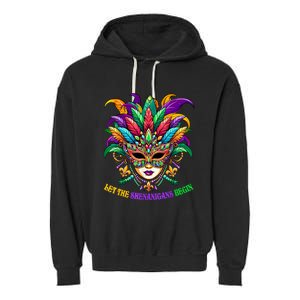 Let The Shenanigans Begin Mardi Gras Jester Mask Beads Garment-Dyed Fleece Hoodie