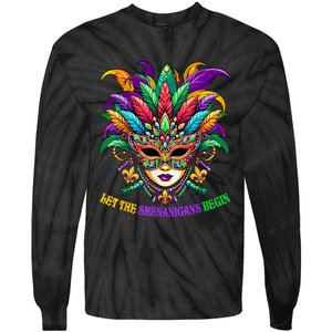 Let The Shenanigans Begin Mardi Gras Jester Mask Beads Tie-Dye Long Sleeve Shirt