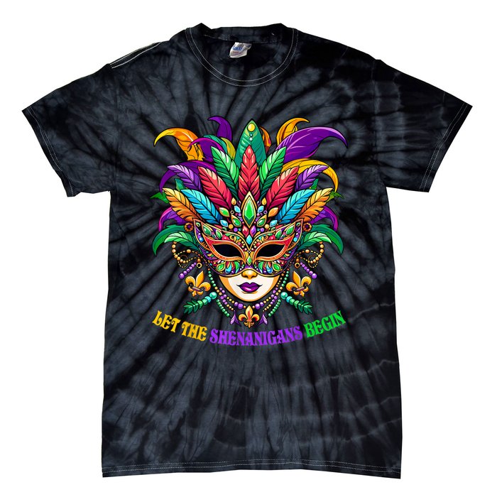 Let The Shenanigans Begin Mardi Gras Jester Mask Beads Tie-Dye T-Shirt