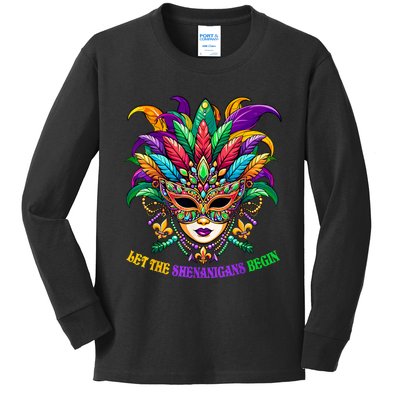 Let The Shenanigans Begin Mardi Gras Jester Mask Beads Kids Long Sleeve Shirt