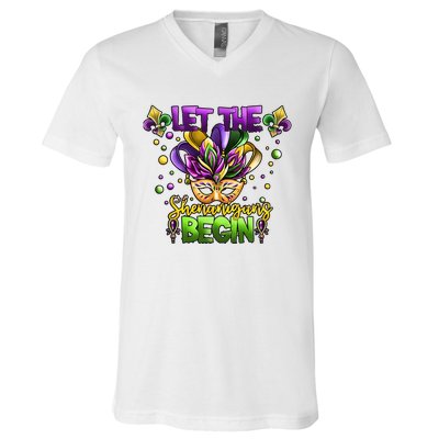 Let The Shenanigans Begin Mardi Gras Party Carnival V-Neck T-Shirt