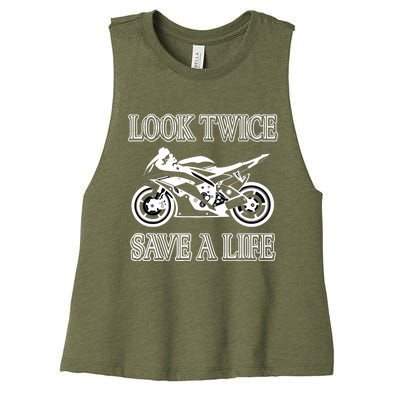 Look Twice Save A Life Motorcycle Bike Safety Women's Racerback Cropped Tank