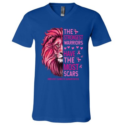 Lion The Strongest Warriors Breast Cancer Awareness Support V-Neck T-Shirt