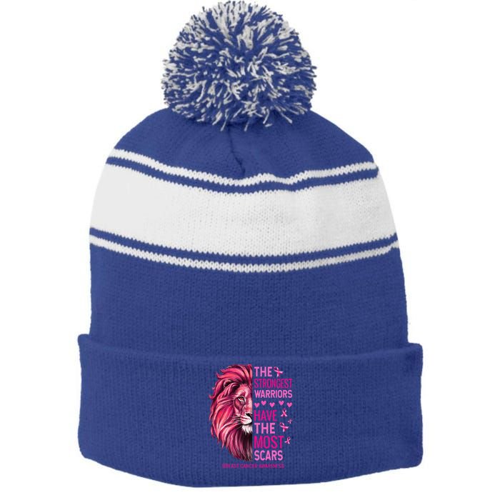 Lion The Strongest Warriors Breast Cancer Awareness Support Stripe Pom Pom Beanie