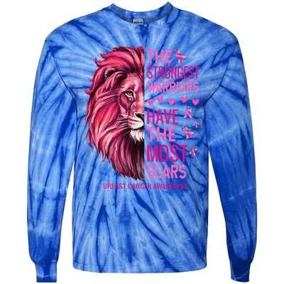 Lion The Strongest Warriors Breast Cancer Awareness Support Tie-Dye Long Sleeve Shirt