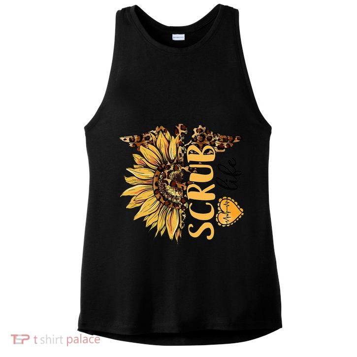 Living The Scrub Life Nurse Sunflower Leopard Nursing Ladies PosiCharge Tri-Blend Wicking Tank