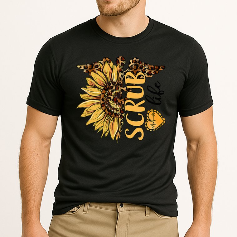 Living The Scrub Life Nurse Sunflower Leopard Nursing Cooling Performance Crew T-Shirt