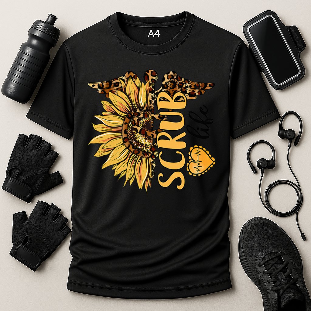 Living The Scrub Life Nurse Sunflower Leopard Nursing Cooling Performance Crew T-Shirt