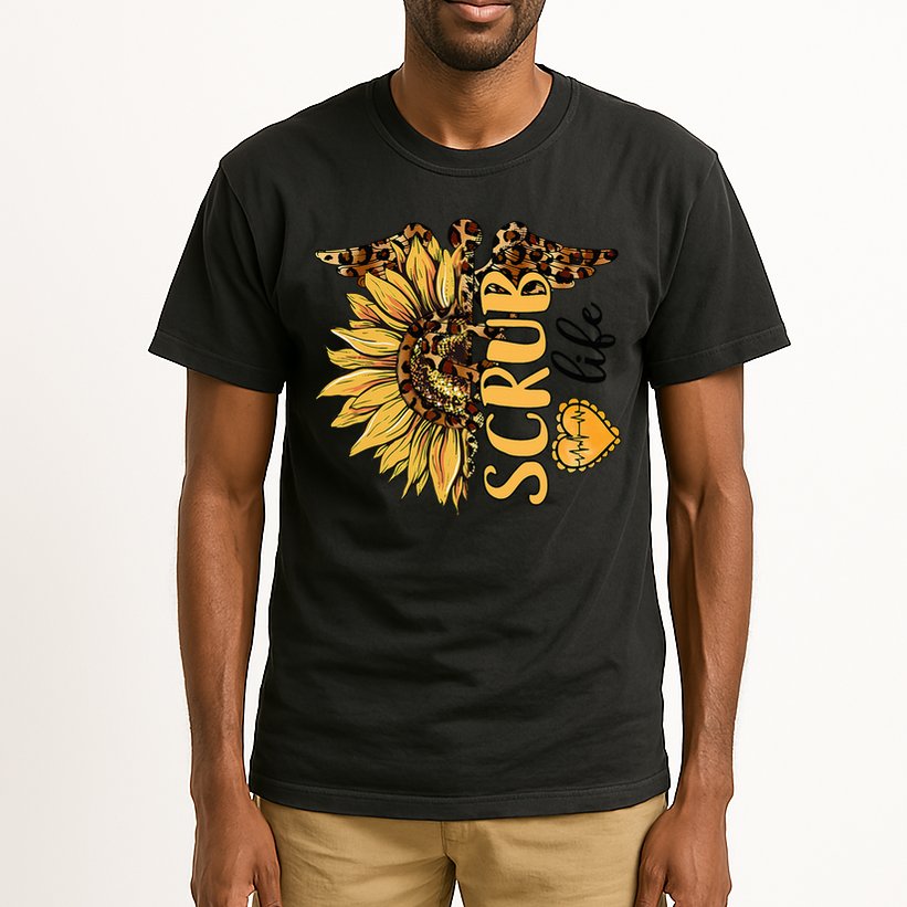 Living The Scrub Life Nurse Sunflower Leopard Nursing Tall T-Shirt