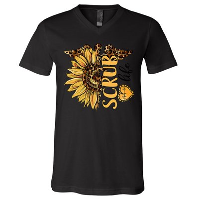 Living The Scrub Life Nurse Sunflower Leopard Nursing V-Neck T-Shirt