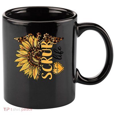 Living The Scrub Life Nurse Sunflower Leopard Nursing 11oz C Handle Ceramic Mug