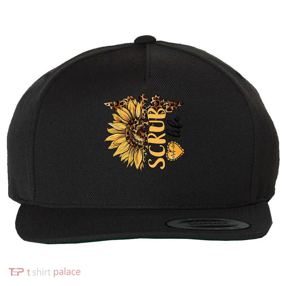 Living The Scrub Life Nurse Sunflower Leopard Nursing Wool Snapback Cap