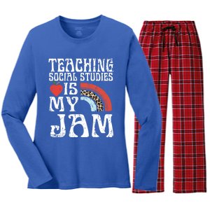 Leopard Teaching Social Studies Is My Jam Sunglasses Teacher Funny Gift Women's Long Sleeve Flannel Pajama Set 