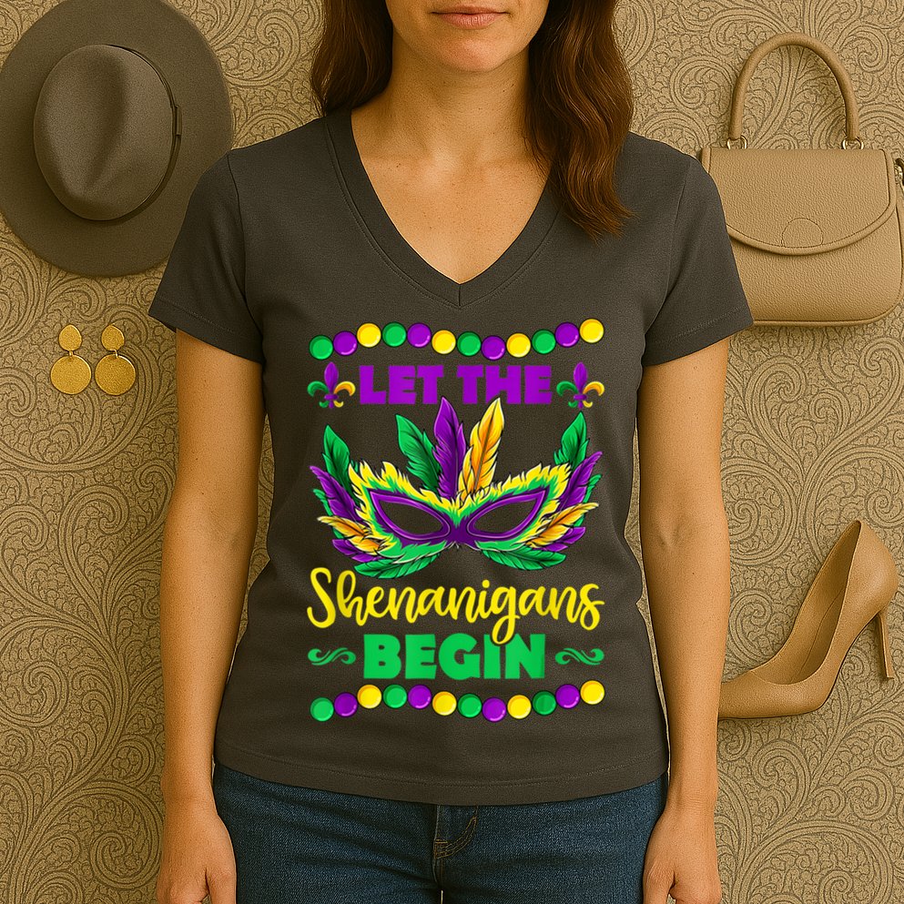 Let The Shenanigans Begin Mardi Gras Women's V-Neck T-Shirt