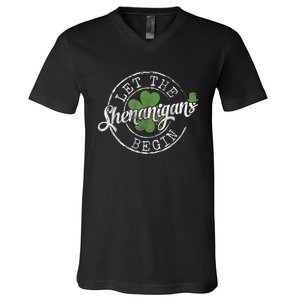 Let The Shenanigans Begin Funny Clovers St Patrick's Day V-Neck T-Shirt