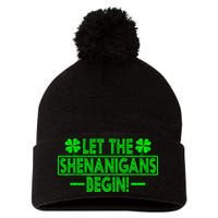 Let The Shenanigans Begin Happy St Patricks Day Shamrock Pom Pom 12in Knit Beanie