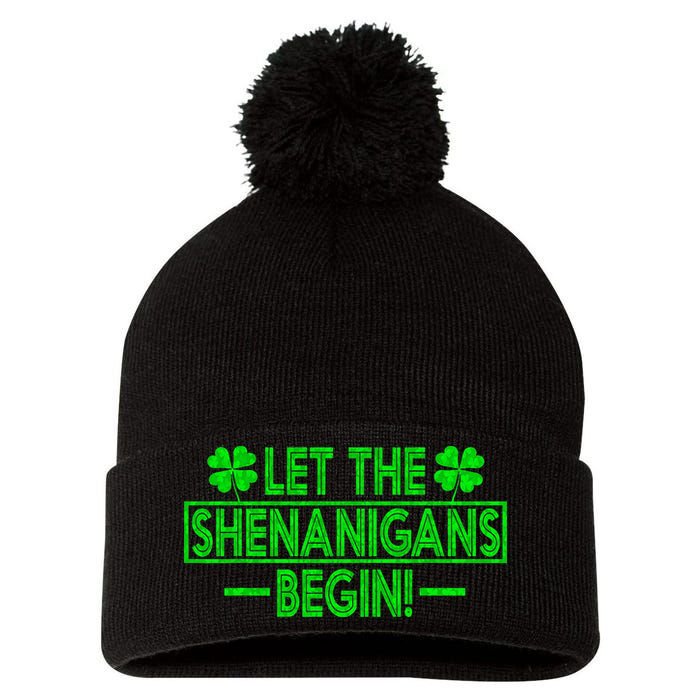 Let The Shenanigans Begin Happy St Patricks Day Shamrock Pom Pom 12in Knit Beanie