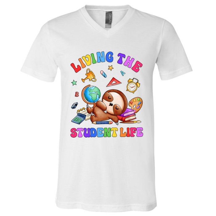 Living The Student Life Cute Sloth V-Neck T-Shirt