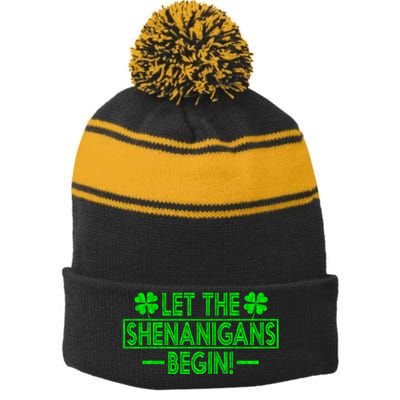 Let The Shenanigans Begin retro Clovers St Patrick's Day Stripe Pom Pom Beanie